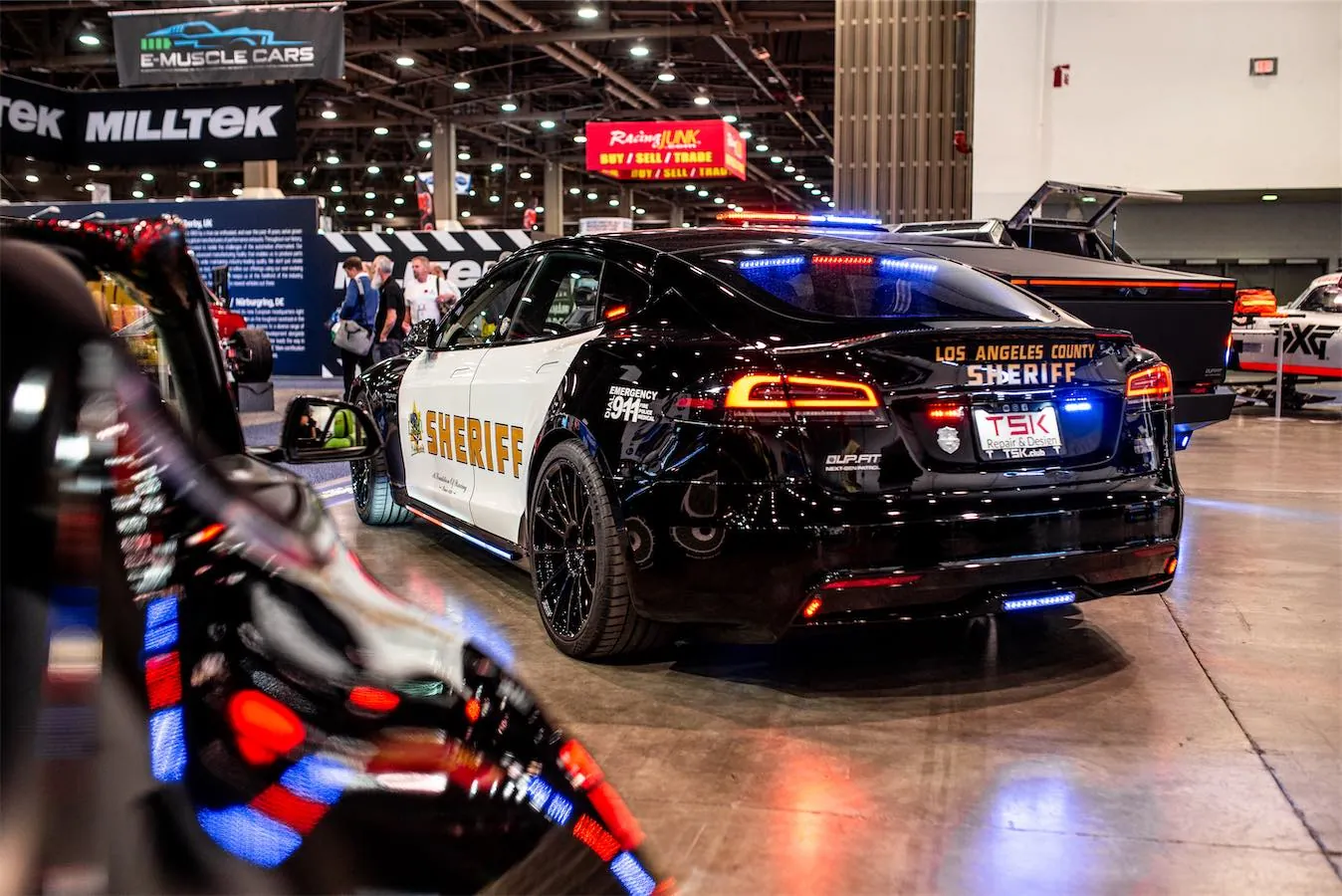 Police Interceptor project: Tesla Model S customized as a Los Angeles County Sheriff car at an auto show display